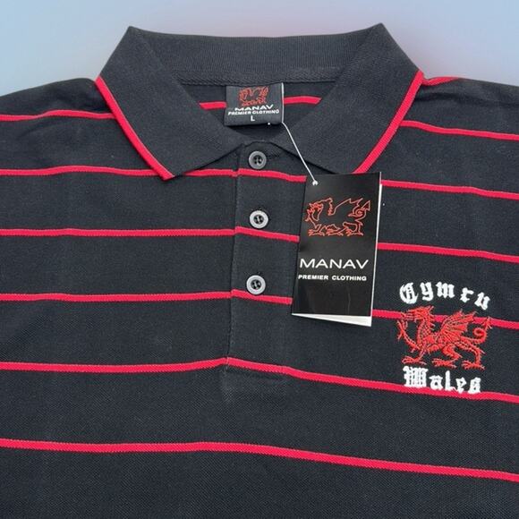 MANAV U.K. Men’s Large Black and Red Striped CYMRU WALES Polo Shirt - Picture 1 of 3